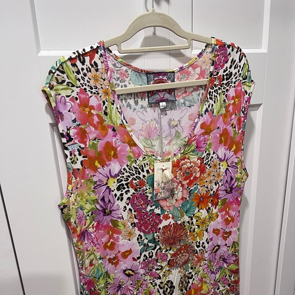 JOHNNY WAS NWT AUTHENTIC WILD GARDEN HIGH SLIT KNIT CAP SLEEVES MIDI DRESS - Picture 5 of 16